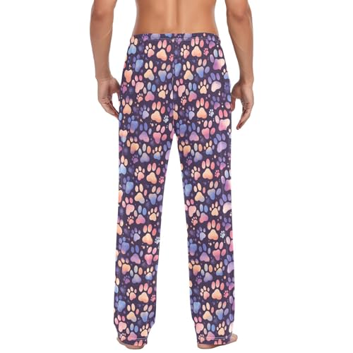 Men's Colorful Cat Paw Pajama Pants with Pockets - Straight Fit Cotton Sleep Bottoms for Lounge & Nightwear#8173