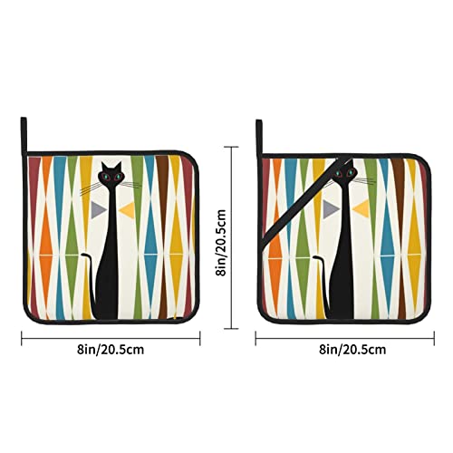Mid-Century Modern Art Cat Printed Insulated Pot Holder Set For Baking, Cooking, Grilling, 2-Pack (8" X 8") Inch #TOP3