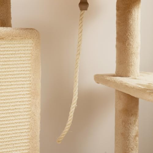 Pawhut Albero Tiragraffi Multilivello Alto 132 Cm, Palestra Per Gatti Con Casetta, Lettino Per Gatti, Pali Tiragraffi, Piattaforma, Spazzola E Pallina, Dispositivo Antiribaltamento, Beige - 8