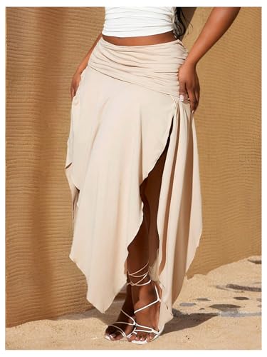 SOLY HUX Women's Plus Size Skirt Ruched Elastic Waist Split Asymmetrical Hem Long Skirts3