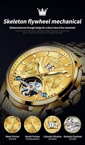 OLEVS Automatic Men Watch Tourbillon Self Winding Mechanics Luxury Business Stainless Steel Luminous Waterproof Wrist Watch