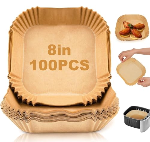 Image of EVERSTONE HOME Air Fryer Paper Liners 100 PCS, 8 Inch Square Disposable Parchment Paper, Oil Resistant Non-Stick Air Fryer Accessories for Baking, Roasting, Cooking, Microwave & Oven Use