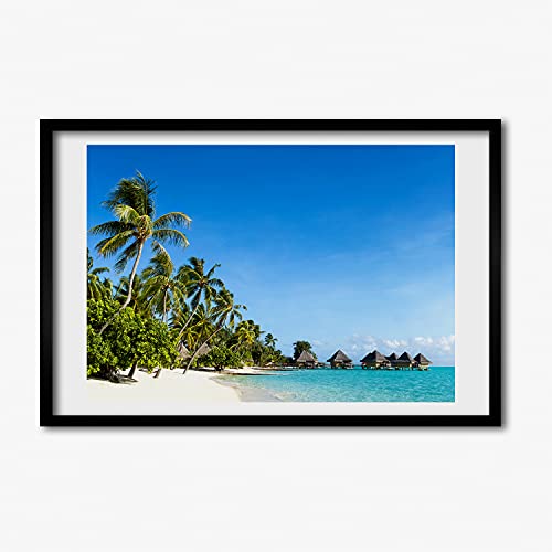 Peinture moderne plage Caraïbes cadre photo 60x40 bois anti-reflet