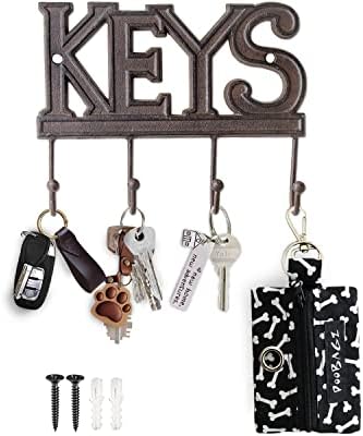 Comfify Key Holder for Wall - Cast Iron Decorative Farmhouse Rustic Wall Mount Key Organizer - 4 Key Hooks -  Vintage Key Rack for Entryway with Screws and Anchors – 6x8” - Rust Brown