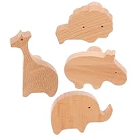 PENIKOKO 4pcs Wood Animal Wall Mounted Clothes Rack Heavy Duty Coat Hooks for Kids Nursery and Baby Room, Natural Wooden Backpack and Hat Hangers Lion Elephant Giraffe Hippo Set