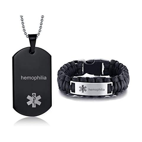 LiFashion LF Stainless Steel Black Hemophilia Medical Alert Jewelry Sets Emergency ID Tag Caduceus Bracelet Necklace Sets,Hemophilia Medic Jewelry for Men(Medical Alert Necklace + Bracelet) Cover