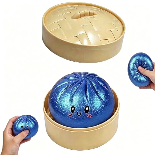 Glitter Dumpling, Glitter Dumpling Squishy with Box, Dumplings Sensory Squeeze Toy for Stress Relief , with Food Steamer Stretchy Desk Toys, Soft Squeeze Decompression Dough(Blue Flash)
