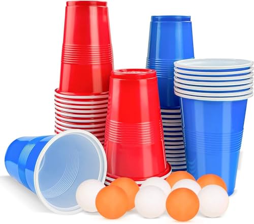 Image of Tickles Pack of 40, Beer Pong Glasses with Free Ping Pong Balls Set, Easy Grip Reusable Drinking Party Cups for Iced Tea, Punch, Cocktail, Couple, Ladies Games (Color: Red & Blue Size: 475 ml)