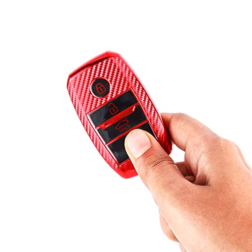 Image of JVCV Soft TPU Carbon Fiber Style Car Key Cover Compatible with Kia Seltos Sonet Carens 3 Button Push Start Car Key (Red)