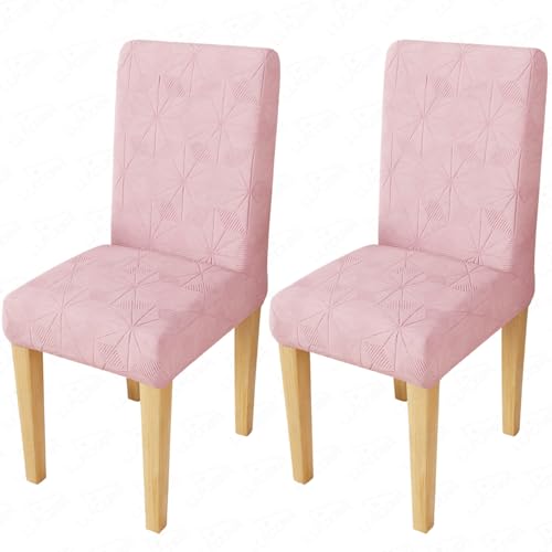 Image of Lukzer Elastic Dining Chair Cover - 2PC Pastel Pink Starlight | Textured High Stretch Jacquard Seat Cover | Removable Washable Short Dining Chair Cover Protector Seat Slipcover | (CC-144-02)