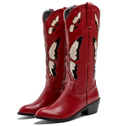 WONDERWAY Women Embroidery Cowboy Boots Pointy Toe with Chunky Heel boots Western Knee High Classic Retro Country Boots Shoes