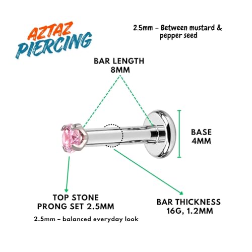 Image of Titanium G23 Internally Threaded CZ Earring - High Polish 16G for Ear, Helix, Tragus, Nose & Lip - Hypoallergenic 4 mm Flat Back with Clear, Pink, Black tops in 7mm and 8mm Length - SOLD AS ONE PIECE