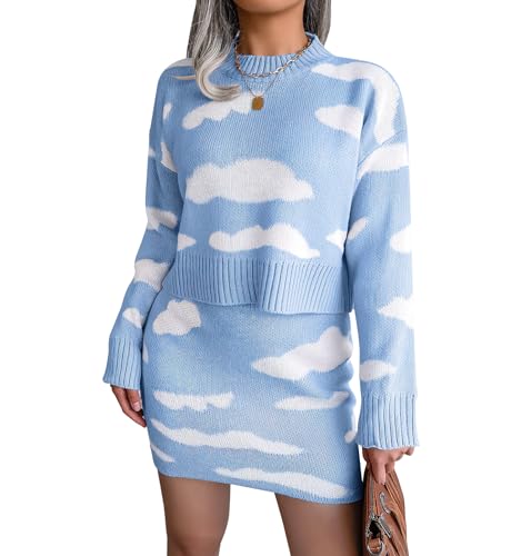 ebossy Women's Cute Cloud Graphic Knitted Sweater Suit Long Sleeve Crop Top Bodycon Mini Skirt 2 Piece Outfits
