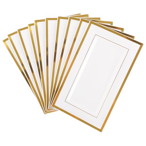 SHUESS Lot de 10 Plateaux Blanches en Plastique avec Bordure Dorée 33x20cm Rectangulaires – Plateau de Service Élégant, Assiettes en Plastique Réutilisables pour la Maison, Anniversaires, Mariages