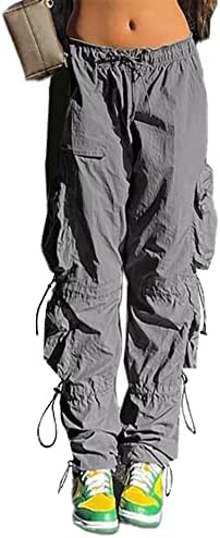 Women's Baggy Cargo Pants Drawstring Elastic Waist Ruched Hiking Pants Parachute Pants for Women Multiple Pockets Hippie Cargo Pants Lounge Pant(Grey, L)