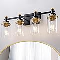 Aixialin 4 Light Bathroom Vanity Light, Modern Black and Gold Vanity Lights for Bathroom Over Mirror, Vintage Sconce Wall Lighting with Clear Glass Shade, Brushed Gold Vanity Lights for Bathroom