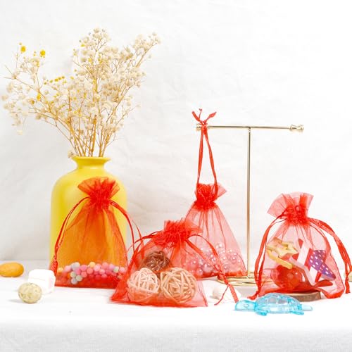 Image of Red Organza Bags - 50 Pcs, Sheer 3 x 4 Inch, Jewelry & Party Favor Bags with Drawstring, Small Mesh Gift Pouches for Wedding & Christmas