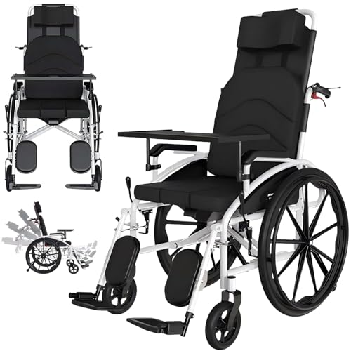 High-Back Foldable Wheelchair for Adults 330-Lbs, Lightweight Folding Transport All-Terrain 180° Reclining Seat Heavy-Duty Wheel Chairs w/Removable Headrest, 18-inch Seat