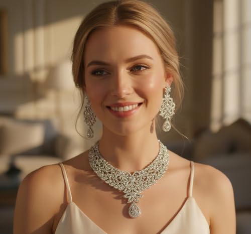 Touchstone Hollywood Glamour Pretty Filigree Paisley Motif Rhinestones Studded Diamond Look Designer Bridal Jewelry Hasli Necklace Set For Women In Antique Gold or White or Silver Tone. - Image 8