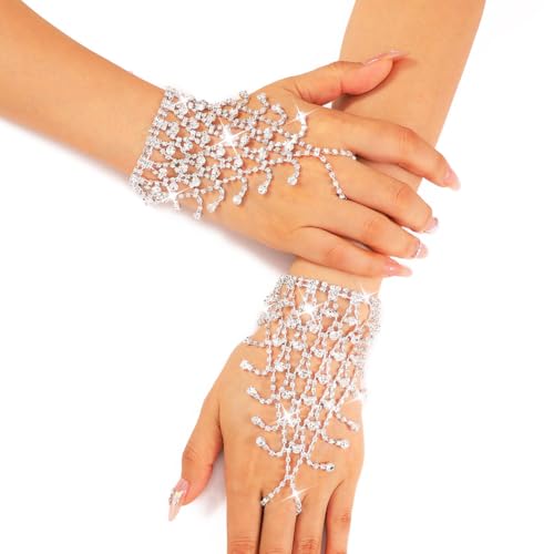 GORTIN Rhinestone Fingerless Gloves Silver Sparkle Wedding Glove Glitter Prom Hand Chain for Women4