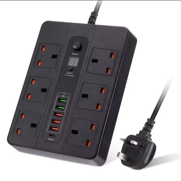 Universal Power Strip with USB & Type-C, 6 Socket Extension Board with 5 Fast Charging Ports, Overload Protection Switch, Multi Plug for Home Office Travel Charging Station