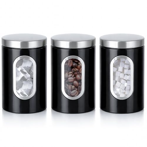 Innoteck 3-Piece Kitchen Canister Set, Stainless Steel Storage Jars with Secure Lids & Viewing Window, Ideal for Tea, Coffee, Sugar & Dry Foods - Black