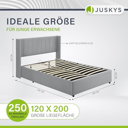 Juskys Polsterbett Savona 120x200 cm, Bett mit Stauraum, Lattenrost, Samt-Bezug, Bettgestell aus Holz, bis 250 kg, großes Kopfteil, Hellgrau