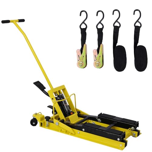 Image of Hydraulic Motorcycle Lift Jack, 1500 LBS Capacity Foot-Operated Motorcycle Lift Table, ATV Scissor Lift Jack with 4.5 inch - 15 inch Lifting Range, Portable Motorcycle Lift Table with Wheels Yellow