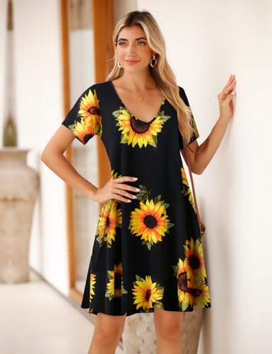 Image of JollieLovin Women T Shirt Plus Size Summer Swing Dresses Short Sleeve V Neck Loose Casual Dress(L-5X)