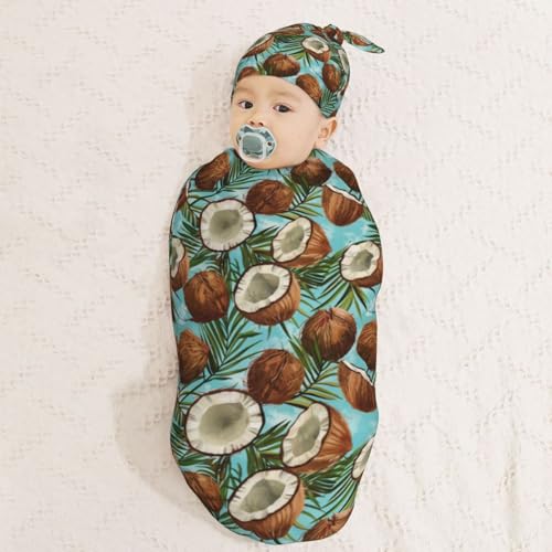 Image of Watercolor Coconuts with Tree Newborn Swaddle Blankets Hat Sets Soft Baby Receiving Blanket Swaddle Sack for Baby Shower Infant Boy Girl Gift