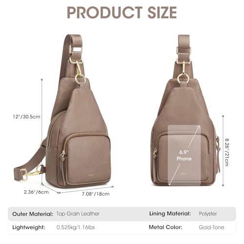 Image of Kattee Small Leather Sling Bag for Women with RFID Blocking,Khaki | Top grain pebbled leather with RFID blocking, multiple pockets, and a convertible strap for travel.