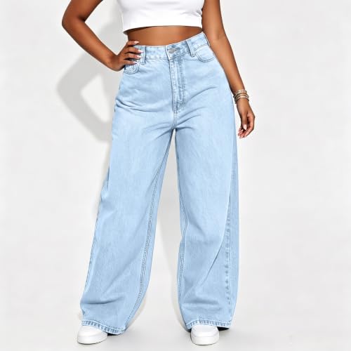 Loinjsnktng High Rise Wide Leg Jeans Women Baggy Long Button Up Denim Pants Trendy Boyfriend Casual Loose Straight Leg Jeans Light Blue - image 2