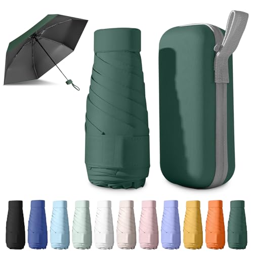 BEKKLPOU Ombrello Piccolo, Mini Ombrello Tascabile, Ombrello Da Viaggio, Un Must Per i Pendolari e i Viaggi, Protezione Sia Dal Sole Che Dalla Pioggia (Verde scuro)