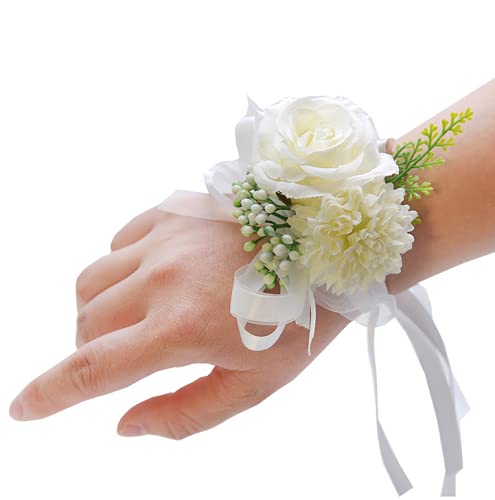 Rikyo 2 Pack Flower Wrist Corsage Boutonniere Set,3\" Artificial Rose and Carnation Handmade Silk Flower for Wedding Flowers Accessories Prom Suit Decor(White)