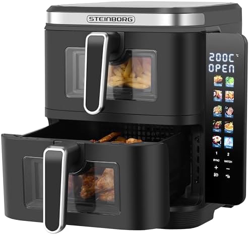 Steinborg® Heissluftfritteuse Doppelkammer 11 Liter Heißluft-Frittieren Heißluftfritteuse 2 vertikale Schubladen 5,5L+5,5L Grillen Backen Dörren Frittieren Friteuse ohne Öl Heißluf
