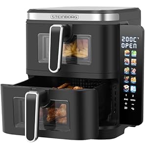 Steinborg® Heissluftfritteuse Doppelkammer 11 Liter Heißluft-Frittieren Heißluftfritteuse 2 vertikale Schubladen 5, 5L+5, 5L Grillen Backen Dörren Frittieren Friteuse ohne Öl Heißluftofen Heißluftgrill