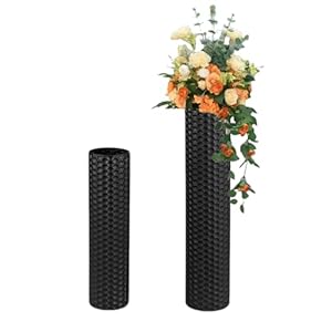 Floor Vase Tall Large Metal Black Cylinder Vases 2pcs Extra Large for Home Decor Living Room Modern Corner Vases Giant Stand Up Long Honeycomb Texture Indoor Office, H:21.7”+27.6”