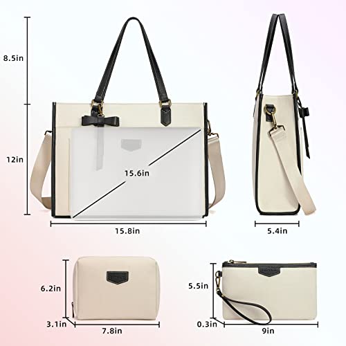 Keyli Laptop Tote Bag Canvas Laptop Bag For Women 15.6 Inch Casual Work Shoulder Bags Large Capacity Professional Business Office Computer Bag Briefcase Handbag Purses For Travel, Office, School White #TOP2