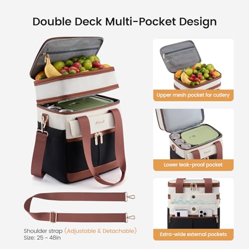 LOVEVOOK Insulated Lunch Bag Women Men,Expandable Double Deck Lunch Box for Women With Large Cup Holder,Leakproof Cooler Bag For Adult Lunch Tote Bag Work Picnic Beach with Adjustable Shoulder Strap — view 4