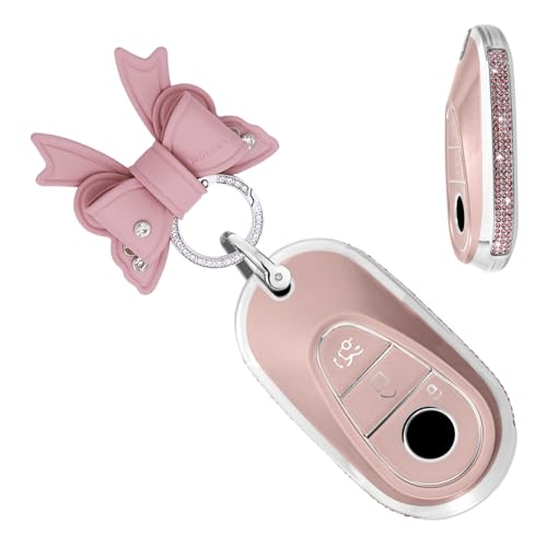 for Mercedes Sparkling Car Key Cover Case Fit for Mercedes Benz A B C G R M E S Class C300 2025 2026 GLA GLC CLE Viano GT SLS AMG Maybach Waterproof Key Fob Shell Protector 3 Button C Pink