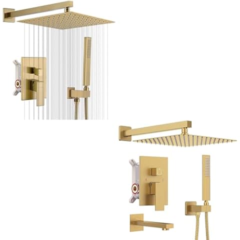 Iriber Champagne Bronze Rain Shower System with 12 Inch Shower Head and Handheld and Iriber Champagne Bronze Rain Shower System with Waterfall Tub Spout 3 Function Brush Gold Shower Faucet Set Cover