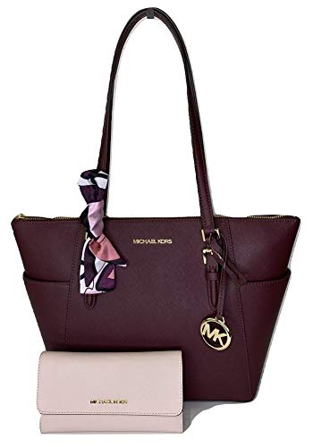 MICHAEL Michael Kors Charlotte Large Zip Tote bundled with matching Trifold Wallet and Skinny Scarf (Merlot/Powder Blush)