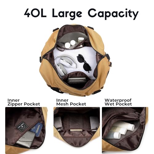 SUNNY BIRD Duffel with Utility Pouch, 40L Weekender Overnight Bag with Shoe Compartment for Travel and Sports (Brown and black)3
