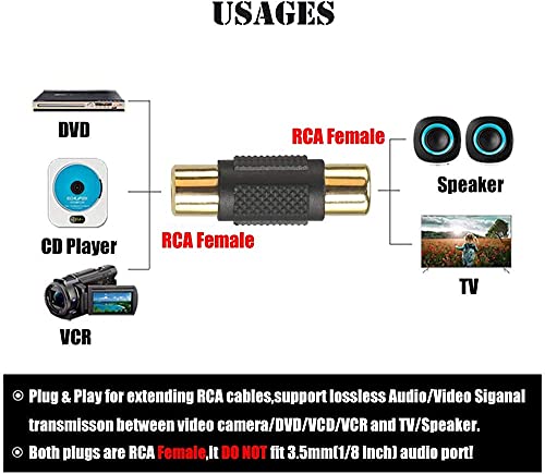 Adaptador RCA hembra a hembra dorado para solucionar cables cortos de televisión y altavoces 6