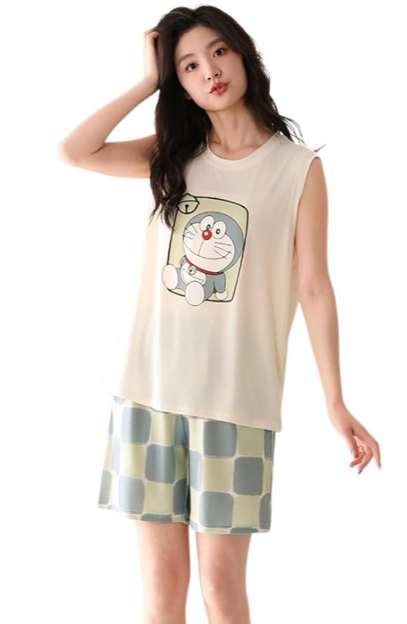 glasgo Women’s Cotton Blend Sleeveless Night Suit Set | Cute Printed Top & Shorts | Soft Summer Home Wear | Comfortable Lounge Wear for Girls | SNS-VAKO-$-picture-47