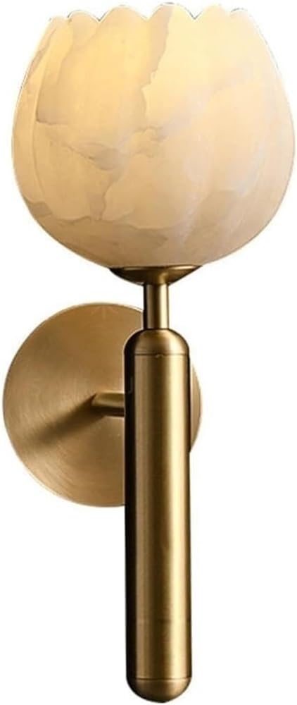 LYOUAE Modern Natural Alabaster Wall Sconce Nordic Gold Brass Hallway Wall Light Mid Century Flower Marble Bedside Wall Mounted Lamp for Bedroom Living Room Hallway