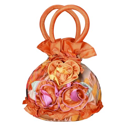 Image of TENDYCOCO Orange Women Clutches Purse, Satin Ribbon Material Lace Floral Bucket Evening Handbag, Flower Shaped Clutch, Phone Purse Mini Bag for Wedding, Prom, Party
