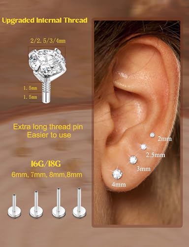 14K Gold Plated Flat Back Stud Earrings - 316L Surgical Steel Internal Thread CZ Stud Piercing Jewelry for Tragus Helix Cartilage Conch Nose Hypoallergenic Lip Labret Medusa Piercing 16G 18G2