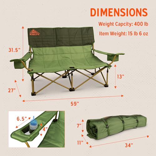 Kelty Low Loveseat Oversized 2-Person Heavy Duty Folding Camp Chair, Double Seat for Soccer Games, Tailgating, Beach Days (Low Height/Dill)