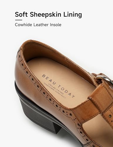 Image of BEAU TODAY Oxford Shoes for Women, Mary Jane Shoes for Women T Strap Leather Wingtip Brogue, Chunky Heel Comfortable Non Slip Dress Work Shoes